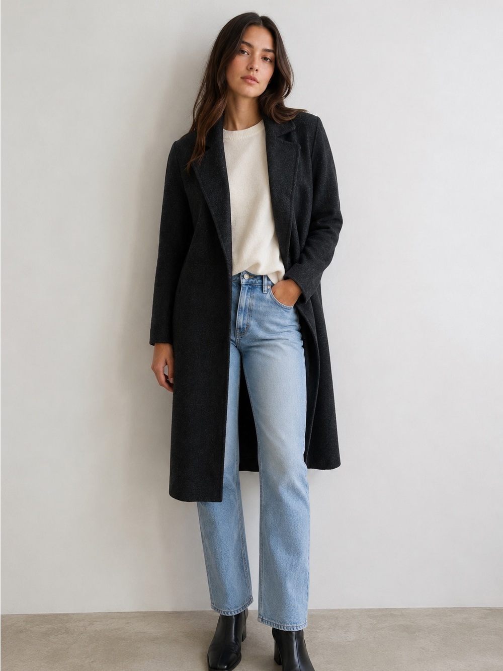 R Label Wool Blend Open Front Longline Coat Charcoal Gray Size Sz Small